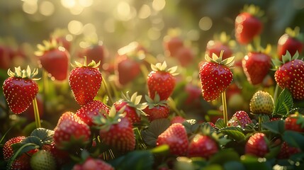 Wall Mural - Ripe red strawberries growing in a field bathed in golden sunlight.