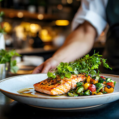 Hands present a plate of grilled salmon served with a side of roasted vegetables