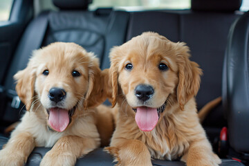 Wall Mural - two golden retrievers sitting in the back of a car