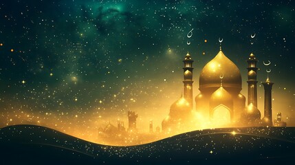 A golden mosque with a starry sky and glowing lights.