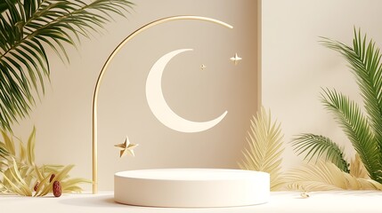 Canvas Print - Minimalist product display with crescent moon and stars on a podium with palm leaves.