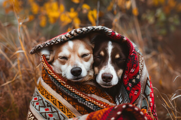 two dogs wrapped up in blankets in a field