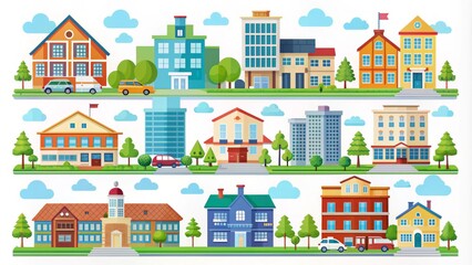 Colorful flat icons of buildings, roads, and utilities, representing social infrastructure, including houses, schools, hospitals, and transportation systems, in a modern illustration style.