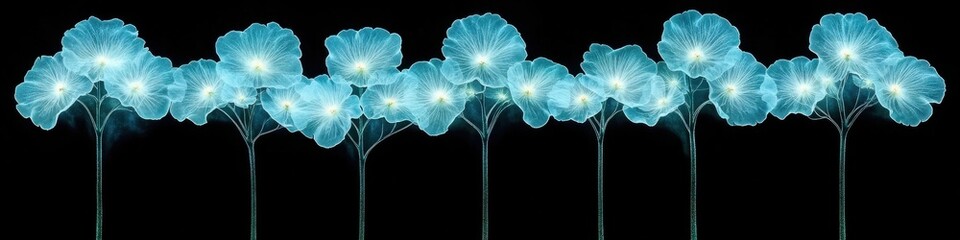 Wall Mural - Ethereal Glowing Flowers: A Mesmerizing Digital Artwork of Vibrant, Light-Emitting Floral Blooms on a Dark Background