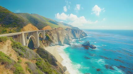 A scenic coastal highway bridge with blue ocean water and a sandy beach.