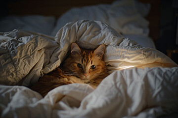 Wall Mural - a cat is laying in a bed under a blanket