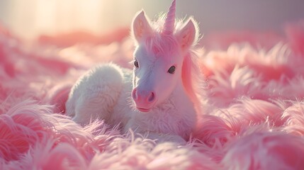 Canvas Print - A small white unicorn with a pink horn lies on a pink fluffy surface.