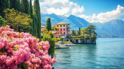 Wall Mural - Pink Flowers Blooming Near a Lakeside Villa in Italy