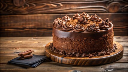 Decadent rich creamy chocolate cake with velvety smooth frosting, adorned with delicate chocolate shavings, sits on a rustic wooden table, awaiting indulgence.