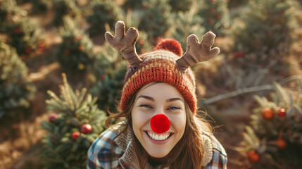 Canvas Print - Happy woman wearing a knit hat with reindeer antlers and a red nose is smiling at a christmas tree farm