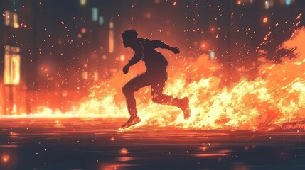 A lone figure races forward silhouetted against a backdrop of intense flames illuminating the night The surrounding city buzzes with energy as heat waves shimmer in the air