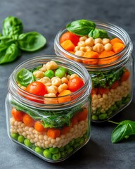 Colorful jars filled with fresh vegetables and grains, perfect for healthy meal prep and vibrant culinary presentation.