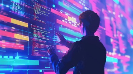 Programmer standing in front of floating, glowing computer code, creating a futuristic and tech-driven atmosphere