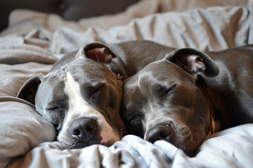 Wall Mural - two dogs are sleeping on a bed together