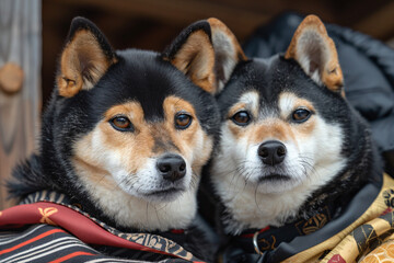 Wall Mural - two dogs are sitting on a blanket