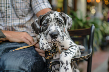 Wall Mural - a dalmatian dog sitting on a chair with a person holding a book