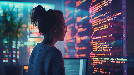 Female programmer standing in front of floating, glowing computer code, creating a futuristic and tech-driven atmosphere. Woman in tech.
