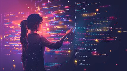 Female programmer standing in front of floating, glowing computer code, creating a futuristic and tech-driven atmosphere. Woman in tech.