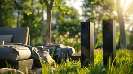 Poster - A pair of speakers are sitting in a grassy field next to a couch