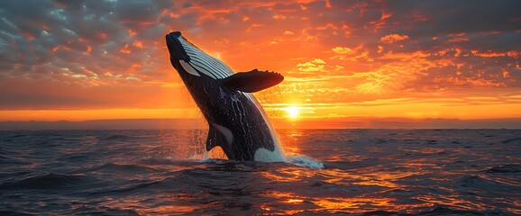 Sticker - A humpback whale leaps out of the water against a stunning sunset sky.