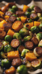 Canvas Print - Pan of roasted squash brussel sprouts and sausage