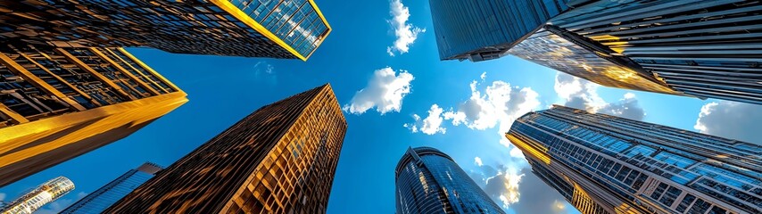 A vibrant cityscape showcasing the towering skyscrapers under a bright blue sky with fluffy clouds.