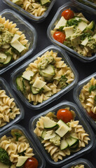 Canvas Print - Pasta salad in meal prep containers with bowtie pasta zucchini cheese and pesto