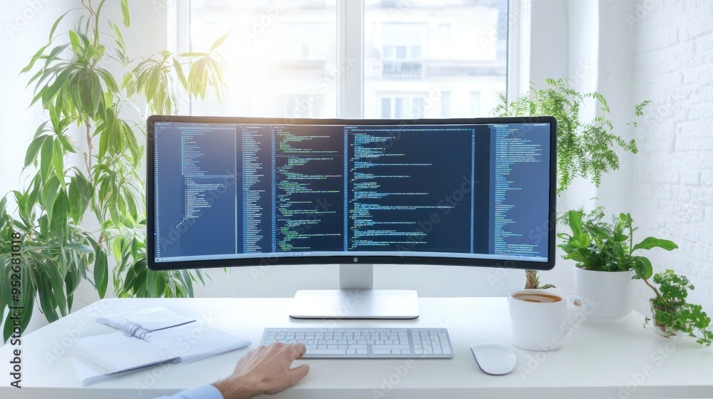 Programmer integrating API with website on a dual monitor setup ...