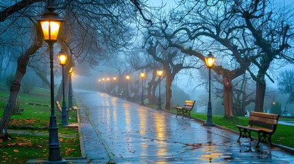 Sticker - A long path with street lamps and benches leading to the distance