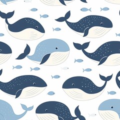 Wall Mural - Colorful cartoon whales swimming among smaller fish in a playful design.