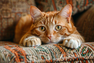 Wall Mural - a cat laying on a couch with its paws on the arm