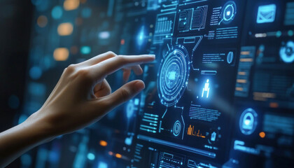 Software engineer touching futuristic gui with data analysis charts