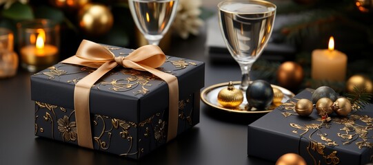 Poster - Decorative black gift boxes with gold designs sit on a beautifully arranged table next to candles and elegant glassware, creating a festive atmosphere for celebrations