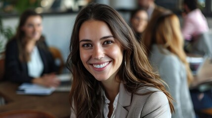 Wall Mural - A woman with long brown hair is smiling at the camera