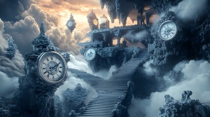 Wall Mural - Floating staircases and surreal architecture with melting clocks in a dreamscape Abstract melting forms surreal tones 3D-rendered structures