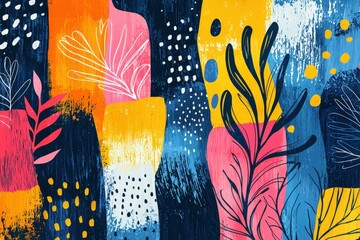 Poster - This artwork showcases a lively composition of vivid colors and organic shapes, blending botanical motifs with abstract patterns against a rich blue backdrop