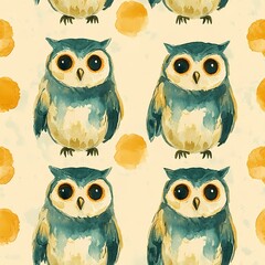 Wall Mural - Colorful watercolor owl pattern on a light background.