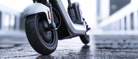 A close-up view of an electric scooter's tire on a wet pavement, showcasing its modern design and urban mobility features.