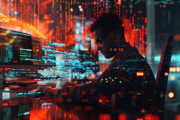 Programmer coder, working on laptop with floating, glowing computer code, creating a futuristic and tech-driven atmosphere.