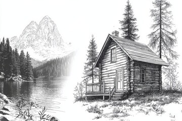 Sticker - A rustic cabin nestled in a mountain forest landscape.