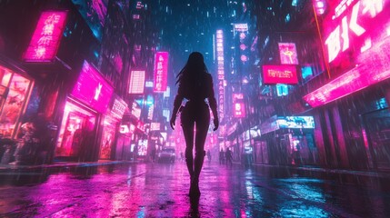 Silhouette of a mysterious woman walking in the middle of a cyberpunk city at night carrying out a mission background wallpaper AI generated image