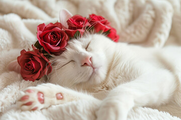 Wall Mural - a white cat sleeping on a bed with red roses