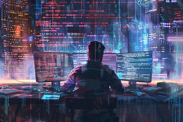 Programmer coder, working on laptop with floating, glowing computer code, creating a futuristic and tech-driven atmosphere.