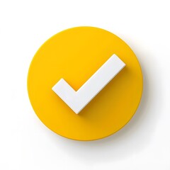 3d check icon, checklist tick, done mark. Vector realistic plastic style checkmark, symbol of selection, confirmation or approval. yellow circle with a white, white background