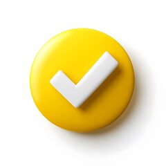 3d check icon, checklist tick, done mark. Vector realistic plastic style checkmark, symbol of selection, confirmation or approval. yellow circle with a white, white background