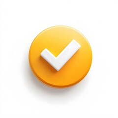 3d check icon, checklist tick, done mark. Vector realistic plastic style checkmark, symbol of selection, confirmation or approval. yellow circle with a white, white background