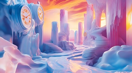 Wall Mural - Surreal scene with floating staircases melting clocks and impossible architecture Abstract melting forms surreal colors 3D-rendered structures