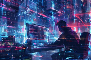 Programmer coder, working on laptop with floating, glowing computer code, creating a futuristic and tech-driven atmosphere.