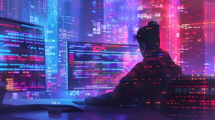 Programmer coder, working on laptop with floating, glowing computer code, creating a futuristic and tech-driven atmosphere.