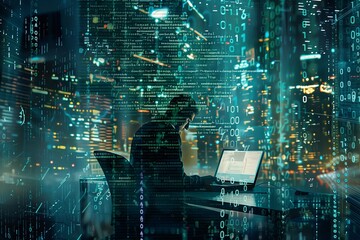 Programmer coder, working on laptop with floating, glowing computer code, creating a futuristic and tech-driven atmosphere.